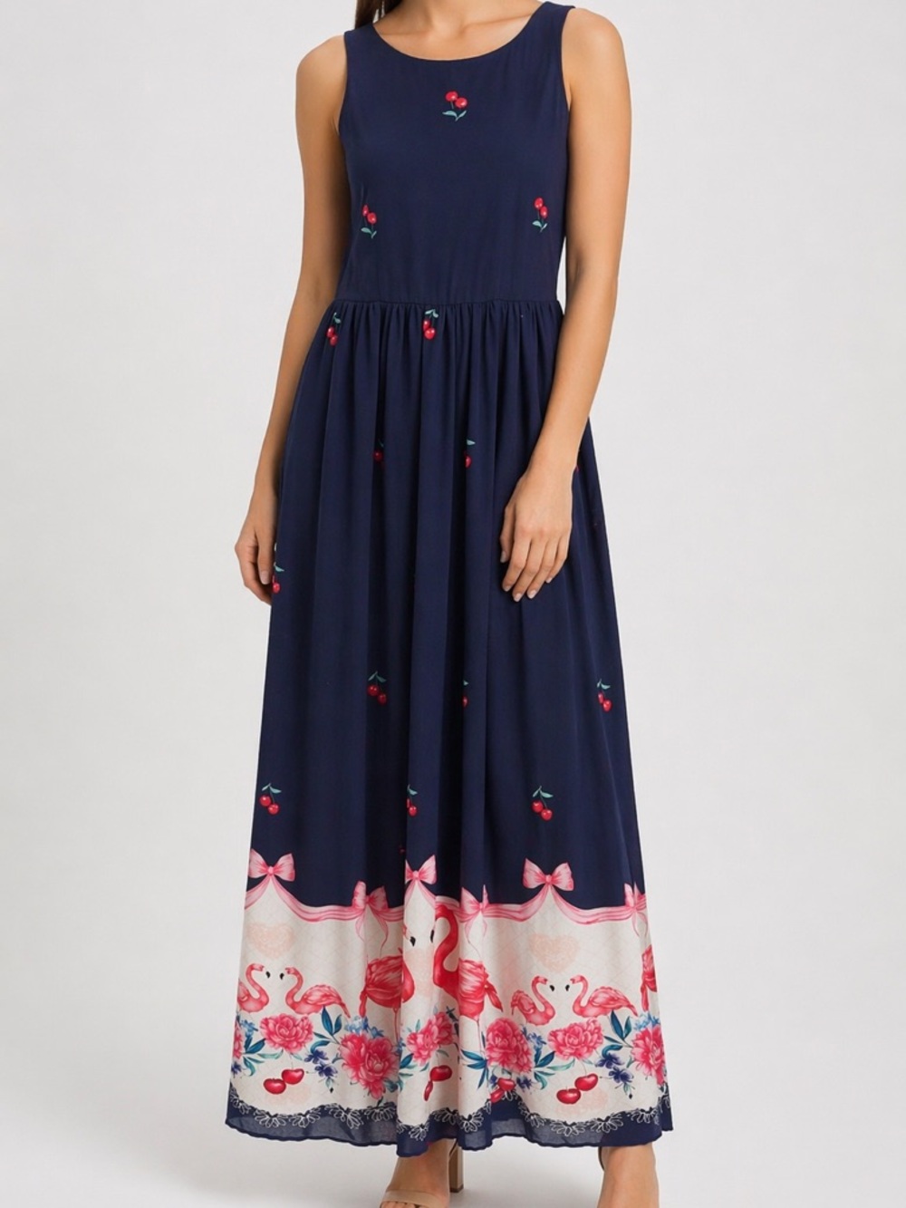 SoCute Navy Floral Maxi Dress – Size M – Cherry & Flamingo Print